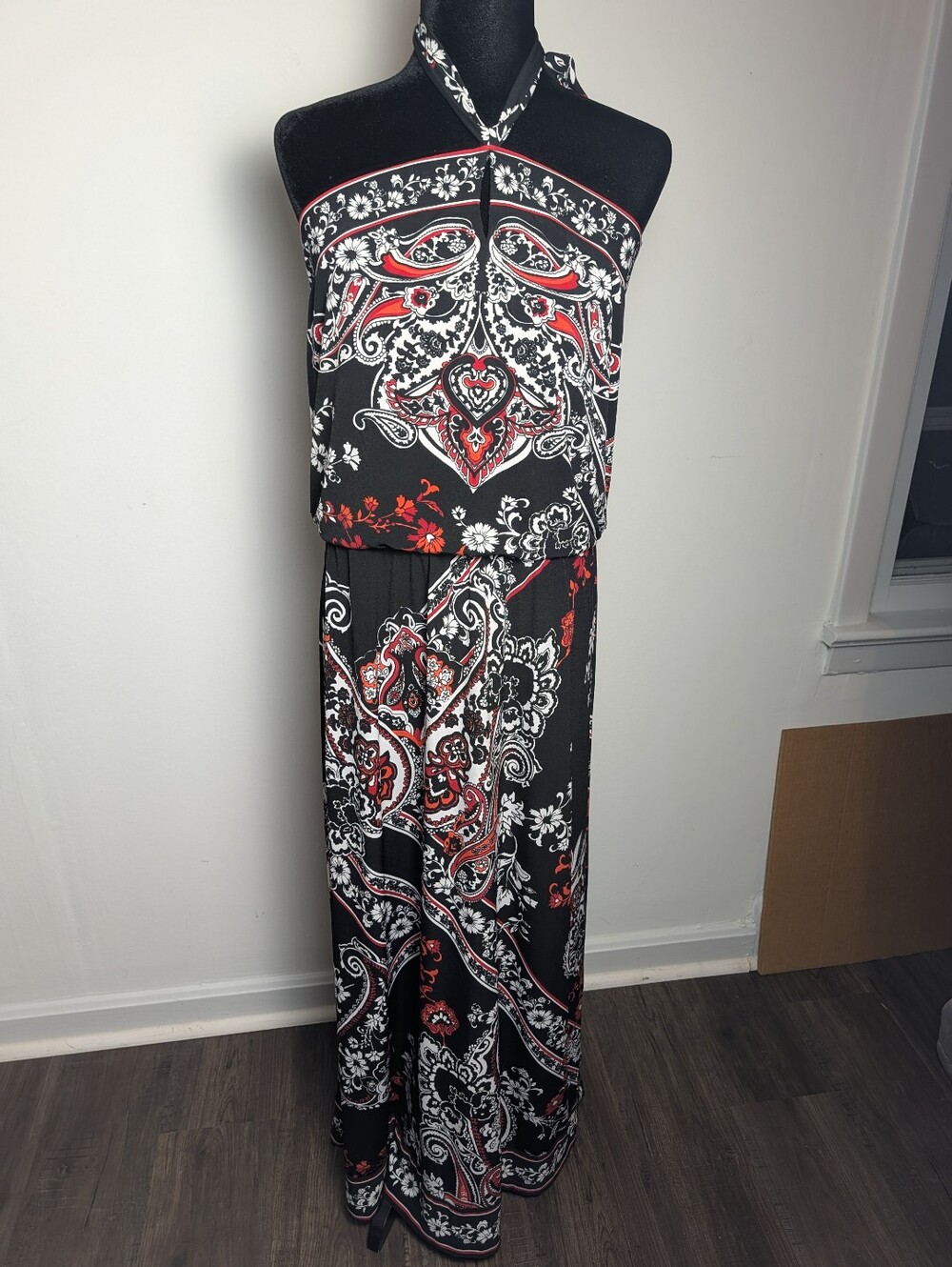 White House Black Market Black Red Paisley Tie Neck Maxi Dress